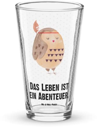 Mr. & Mrs. Panda Premium Trinkglas Eule Federschmuck - Geschenk, Waldtiere, entspannt, Wasserglas, Pint Glas, Dekoration, Bierglas, Eule Deko,