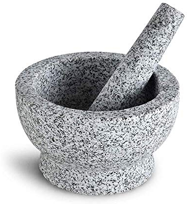 ONOTEC Mortier en Granit et Pilon - Set Naturel Non Poli, de mortier et de pilonage, 6,7 Pouces Grand, Excellent pour broyer des épices fraîches et Une Herbe