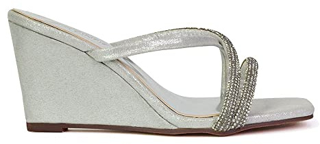 ESSEX GLAM Womens Sparkly Diamante Silver Sandals Ladies Square Toe Low Wedge Heel Strappy Mules Size 8