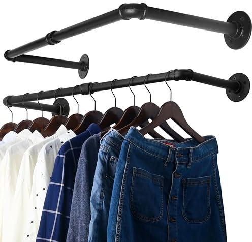 WEBI Clothing Rack Wall Mount,24 Industrial Pipe Clothes Rack for Hanging Clothes,Heavy Duty Iron Garment Rack Bar,Retail Display Clothes Rod for Closet,Laundry Room,Black,2 Packs