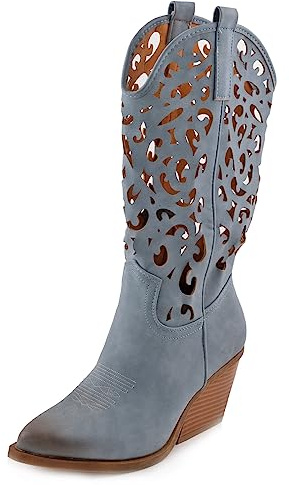 Toocool Scarpe donna stivali stivaletti texani camperos western traforati G629 (YG888 Blu Jeans, 36)