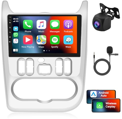 Android Radio de Coche para Renault Logan 1 Sandero 2009-2015 Largus Dacia Duster con Apple Carplay Android Auto Navi GPS WiFi 9 Pulgadas Radio Coche con Bluetooth FM/RDS/Dab+/OBD2/DVR Cámara Trasera