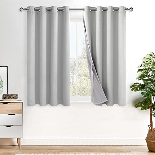 XWZO 100% Blickdicht Vorhänge, Doppellagige Dicker Verdunklungsvorhänge mit Ösen, Schallschutz Thermovorhänge 2er Set Schlafzimmer Gardinen, Blackout Curtain, 145x140 cm(HöhexBreite), Silber Grau