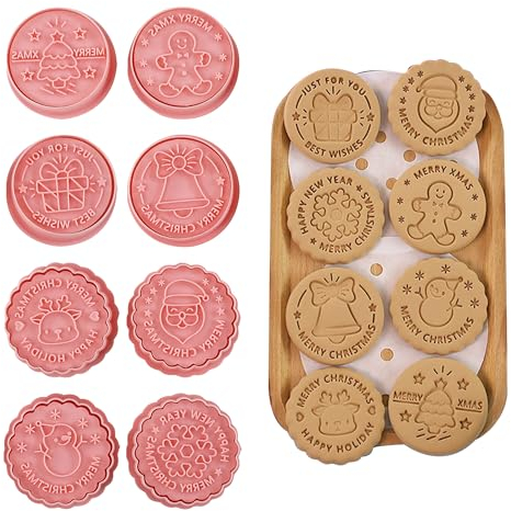 8Pcs Round Christmas Cookie Cutters and Stamps,3D Personalized Christmas Cookie Cutters,Plastic Christmas Cookie Stamps for Baking,Cartoon Cookie Mould for Kitchen Birthday Party Supplier,Pink