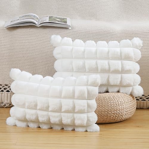 Madizz 2er Set Kunstpelz Plüsch Dekorative Kissenbezüge Gestreifte Weich Dekorative Kissenbezug für Sofa Schlafzimmer Kissen Shell Creme Weiß 30 x 50 cm