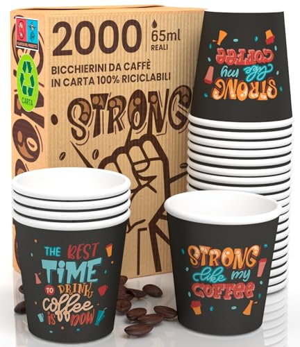 2000 Bicchierini in Carta per caffè 65ml StrongLifeCUP Bicchieri Ecologici Biodegradabili Monouso Piccoli Asporto Bevande Calde
