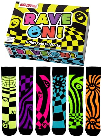 United Oddsocks Rave On 6 Odd Socken in Geschenkbox | Unisex UK 5-10 | EUR 38-44 | US 6-11, mehrfarbig, Einheitsgröße