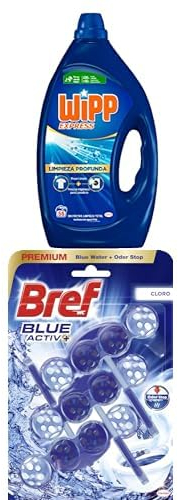 Wipp Express Limpieza Profunda, 55 lavados, detergente líquido quitamanchas+ Bref Blue Activ Cloro Cesta WC (3 unidades), limpia baño para un WC siempre limpio y fresco