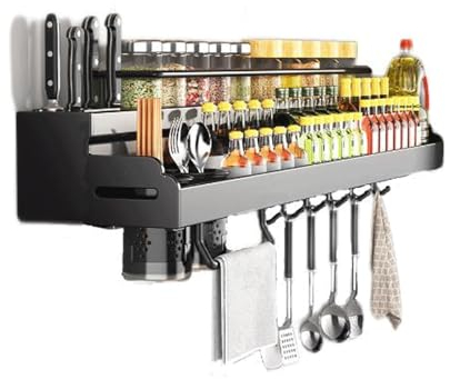 Awoyep Gewürzregal, Gewürzregal Hängend, GewürzregaleKüchenregal Wand Ohne Bohren, Gewürz Organizer mit Messerschlitzund Haken, Küchenregal Wand für Gewürze (Color : Schwarz, Size : 60cm)