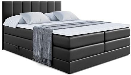 ALTDECOR Boxspringbett mit Matratze und Lattenrost, Topper, Polsterbett mit Bettkasten, Bett mit Stauraum H3- und H4- Matratze, Doppelbett, Springboxbett -MOETI King -140x200-Schwarz Kunstleder