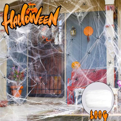 Halloween Deko, Halloween Spinnennetz Dekoration, 100g Dehnbare Spinnennetz Dekoration mit 20 künstlichen Spinnen für Outdoor Halloween Dekorationen, Spukhaus-Dekoration, Gruselszene, Partyzubehör