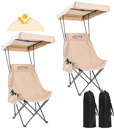 YOUNG WOOD Silla de camping portátil con toldo de sombra, plegable, ligera, de gran tamaño, fácil de abrir, cerrar sin instalación, diseño de bolsillo lateral para todas las actividades al aire libre,