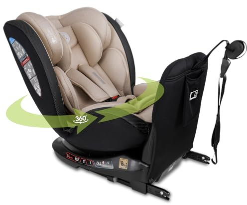 Lorelli Auto Kindersitz Ares mit Isofix, 360 Grad drehbar, (0-36 kg) Mitwachsender Autositz i-Size 40-150cm - Gruppe 0+/1/2/3, Babysitz ab Geburt, 5-Punkt-Gurt, Einstellbare Kopfstütze, beige