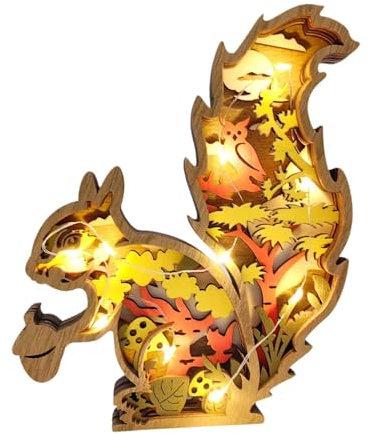 Milageto 3D-Holzschnitzerei-Eichhörnchen-Lampe, LED-Nachtlicht, zartes Handwerk, hohles Eichhörnchen, Dekoration, Eichhörnchen-Ornament für Geschenkbüro