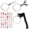 Blutige Haarschmuck,Schere im Kopf,Halloween Grusel Accessoires,Horror Haarreif mit 30pcs Halloween Zombie Scars Tattoo für Gruselkostüm Zombie für Halloween Zombie Fasching Karneval Dekoration