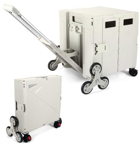 LexonElec x SELORSS Carrello della Spesa Pieghevole con Ruote Saliscale, Manico Telescopico Regolabile in Alluminio e Coperchio, Scatola Utile Pieghevole, Carrello Portatile, 90KG/76L - Beige