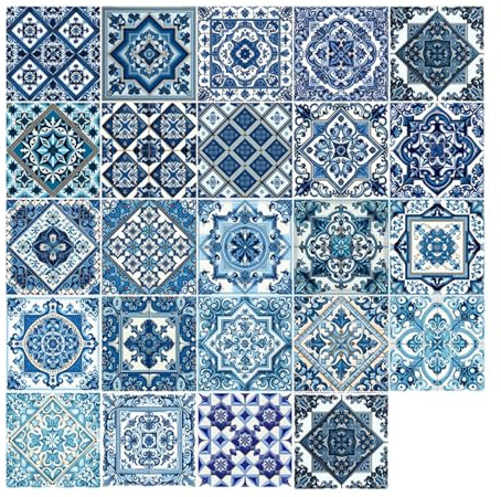 Duroecsain Fliesenaufkleber zum Abziehen und Aufkleben - Portugiesisches Design, 24 Stück, PVC, Vintage, Wand, Hintergrundwand, Fotowand, Keramikfliesen, Glas