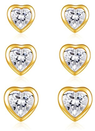 Estrellique 925 Sterling Silver Stud Earrings, Gold Small Zirconia Stud Earrings, 3 Pairs Silver Earrings Set for Women, Hypoallergenic Cartilage Sleeping Stud Earrings, 4/5/6mm Heart Stud Earrings