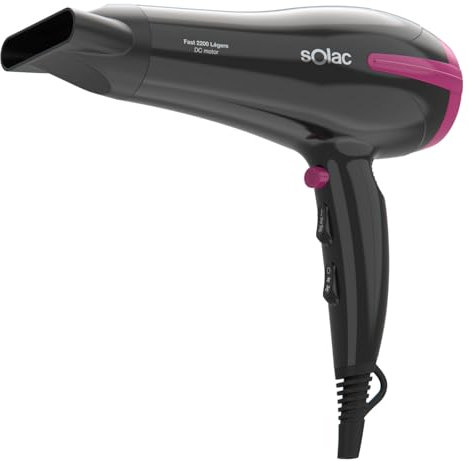 Solac - Secador de Pelo Fast 2200 Légere | Ultra Ligero 340g | 2200W de Potencia | 3 Temperaturas y 2 Velocidades | Botón de Aire Frío | Filtro Extraíble | Mango Ergonómico | Anilla para Colgar