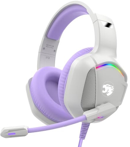 IMYB Gaming Headset with Microphone for Pc, Xbox One Series X/s, Ps4, Ps5, Switch, Stereo Wired Noise Cancelling Over-Ear Headphones with Mic, RGB White Purple