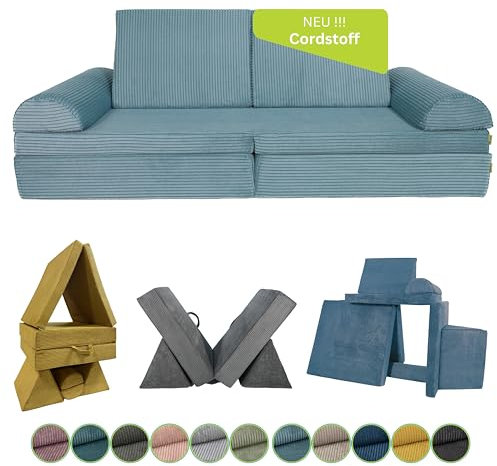 Pillows24 Kindersofa mit Schlaffunktion | Weiches Spielsofa aus Cordstoff | Bequemes Kinder Sofa mit abnehmbaren Bezügen | Ergonomische Kindercouch für Spielzimmer – Fancy Spielsofa für Kinder