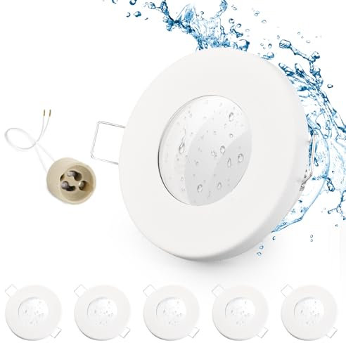 GeyouLux 6er set Einbaustrahler Rahmen IP65 inkl GU10 Fassung, LED Spot Eisen Matt Weiß Badezimmer Einbaurahmen Rund Flach Einbauspots Spots 68mm lochmass für Aussen- Innen