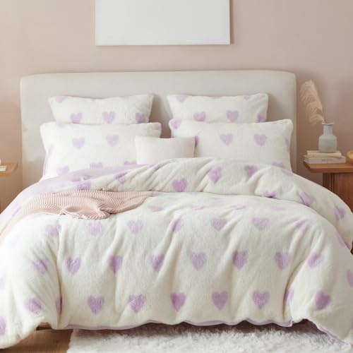 Sacebeleu Winter Bettwäsche 200x200 Plüsch Langhaar Flauschig Flanell Biber Bettbezug Lila Weiß Herzen Winterbettwäsche Warme Bettbezug und 2 Kissenbezug 80x80cm mit Reißverschluss