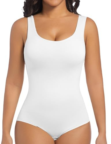 ONEW Shapewear Bodysuit Seamless Round Neck Tank Tops Tummy Control Full Body Shaper Waist Trainer Vest White M