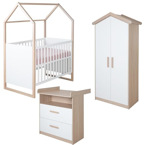 roba Babyzimmer Set Cabane 3-teilig - Baby- & Beistellbett 60 x 120 cm + Wickelkommode + Kinderkleiderschrank 2-türig in Hausoptik - Weiß/Dekor Eiche
