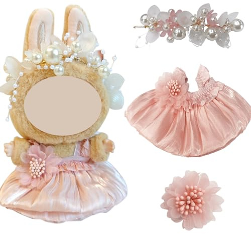 Joycabin Stylische Puppenkleidung für 17cm/15cm Plüschpuppe, Rosa Knospenrock + Rosa Perlenhaarschmuck Miniatur Zubehör Set, Puppenzubehör Geschenke (Puppe Nicht enthalten)