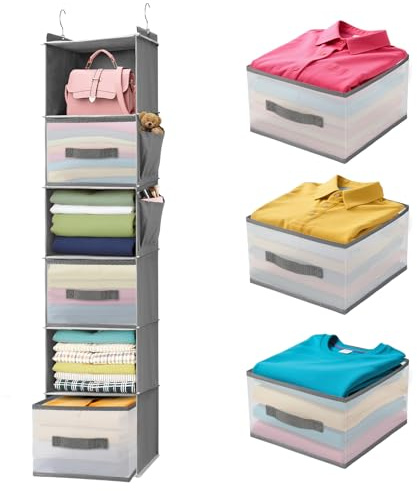 BIEBOS 6-Shelf Hanging Closet Organizer with 3 Drawers & Side Pockets, Gray