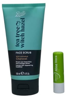 Boots Tea Tree And Witch Hazel Face Scrub With Activated Charcoal 150ML With Free Aloe Vera Lip Balm