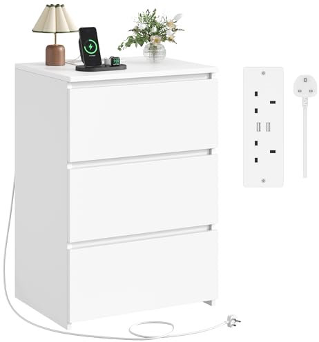FirFurd Table de Chevet avec Multiprise Table de Nuit Blanche avec 3 Tiroirs 2 Prises CA 2 Ports USB Tables d'Appoint pour Chambre Salon Bureau 45x38x66cm