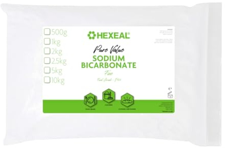 Hexeal Pure Value Sodium Bicarbonate 1kg Bag – Food Grade, Fine Powder | Baking Powder for Cooking and Baking. Ideal for Bath Bombs and Household Cleaning. Deodorises and Removes Grime