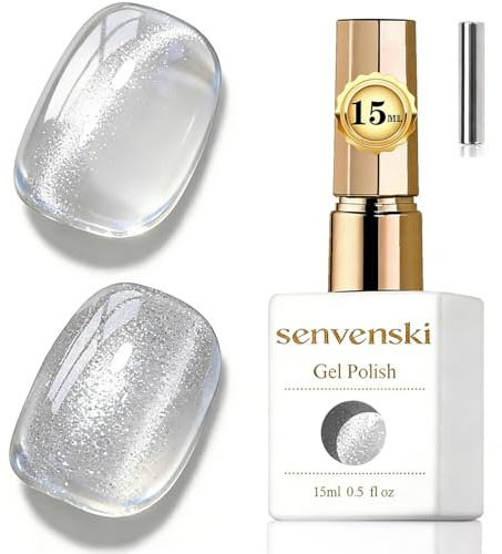 Senvenski Jelly Glass Cat Eye Gel Nail Polish with Magnet 15ML Magnetic 3D Galaxy Holographic Glitter Translucent Sheer Color Gel Polish Salon Home DIY (White Glitter, MY1-033)