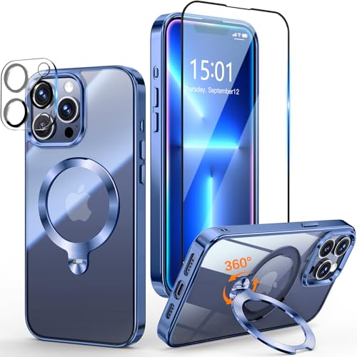 Yoouther 3 en 1 Coque pour iPhone 13 Pro 6.1 [Coque Magnétique Puissant pour MagSafe] [360° CD Support Rolatif] [avec Protection Caméra & Écran] Coque Antichoc Électroplaquée, Bleu