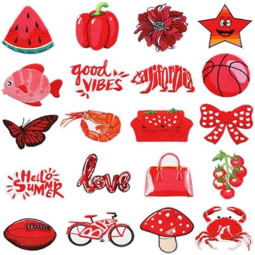 20 Stück Red Series Patches zum Aufbügeln Flicken Bügelbilder Red Crab Iron on/Sew on Patches Bestickte Aufnäher für Aufnähen oder Aufbügeln auf Kleidung Kleid Hut T-Shirt Jeans Rucksäcke Jacken