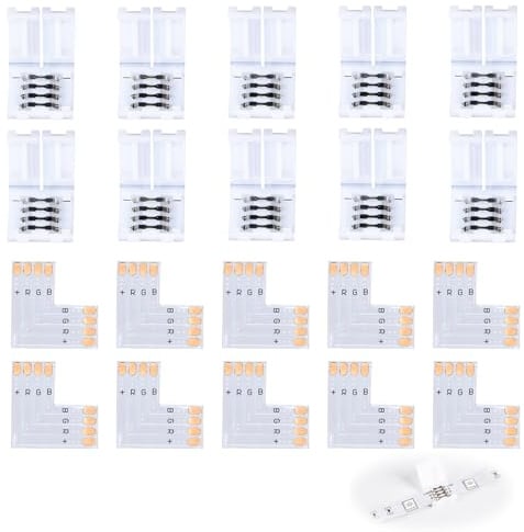 20Pcs 4Pin LED Strip Light Connectors 10mm L-Shape Solderless Kit | Gapless connector block, fixed buckle adapters, multicolor RGB compatible, corner routing solution, snap-on install