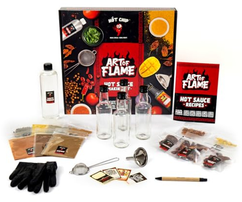 HOT CHIP DYI Chili Saucen Set zum Selbermachen - Geschenkset Art of Flame - 6 Sorten von BBQ bis Mango - Inklusive Zutaten, Flaschen & Rezepte - Perfekt für Hobbyköche & Chili Liebhaber
