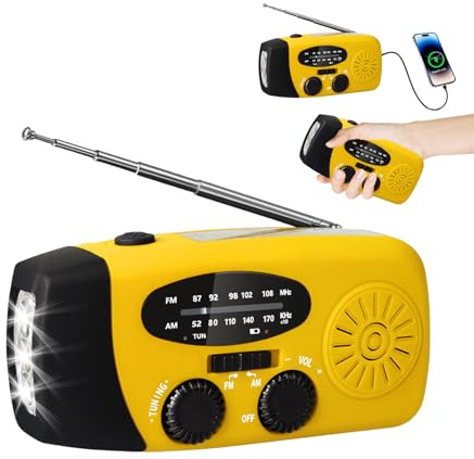 Kurbelradio mit Solar und LED Taschenlampe, 3-LED-Taschenlampe/AM/FM/Wetter/USB-Handyaufladung, Tragbar für Camping, Wandern & Notfallvorsorge (Gelbes)