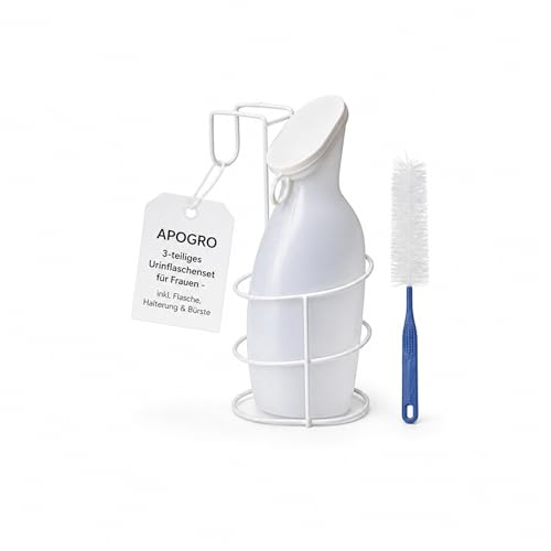 APOGRO Urinflaschenset 3-teilig – Urinflasche mit Deckel, Halter & Reinigungsbürste – für Frauen, milchig