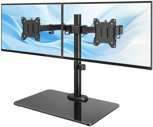 monTEK Stable Dual Monitor Stand with Glass Base for 17-32 Screen | Freestanding Dual Monitor Arm Desk Mount Holds 10KG per Arm, Adjustable Double Stand for Gaming and Business, VESA 75/100 MM