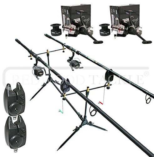 Carp Hunter Fishing Kit 2 x Rods, Bait Runner Reels + Spare Spool Pod,+ Alarms