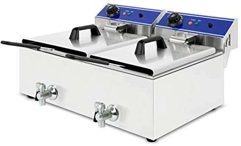 VERTES Friteuse aus Edelstahl 2x 10 Liter Fassungsvermögen, 50-200°C, 6000W, 230V, Kaltzonenprinzip, 2 Körbe, Professionelle Gastronomie Fritteuse mit Ablasshahn, leichte Reinigung, Gastro Fritöse