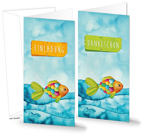 Logbuch-Verlag Karten Set 10 Einladungskarten + 10 Dankeskarten Fisch Regenbogenfisch bunt - Einladung & Danke Karten MIT KUVERT - Taufe Kommunion
