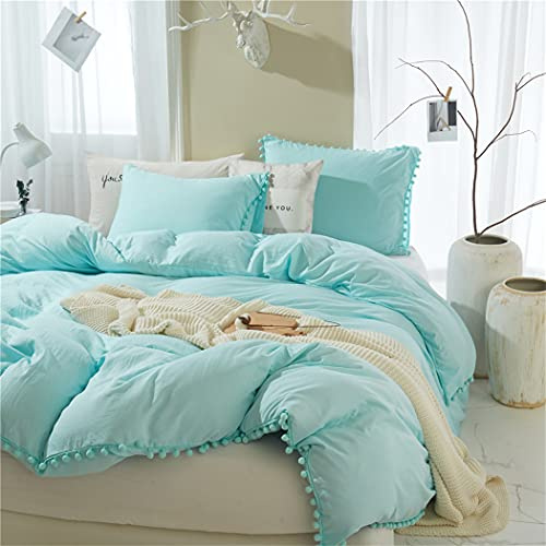 Super weiches Bettwäsche-Set mit Bettbezug und Kissenbezügen, Mikrofaser, Pompom-Fransen, Bettdeckenbezug, mit Reißverschluss und Bändern, pflegeleicht, einfacher Stil, Queensize, Aqua