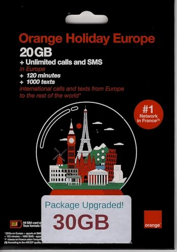 Orange Holiday Europe - 20 Go de données Internet en 4G/LTE + 120 MN + 1000 textes dans 30 Pays d'europe