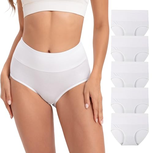 INNERSY Womens Underwear High Waist White Knickers Cotton Full Briefs Summer Under Pants 5 Pack (12, Milky White)
