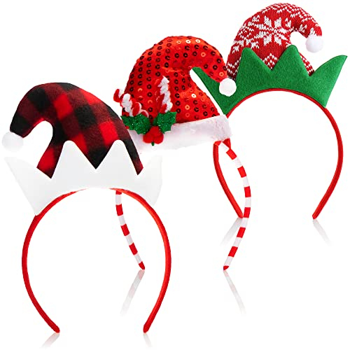 com-four® 3x Haarreif Weihnachten - Kopfbedeckung & Weihnachtshut - Verkleidung Weihnachtself - Haarreifen mit Zipfelmützen Design - Weihnachtskostüm (3 Stück - Haarreif Weihnachten)