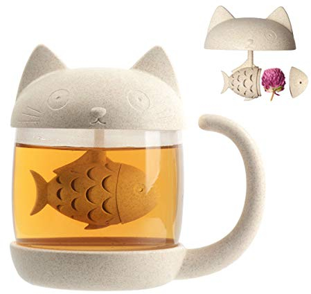 Cymax Tazza Gatto, 250 ml mug tazza da tè in vetro con infusore, perfetto regalo di compleanno di Natale per gli amanti dei gatti